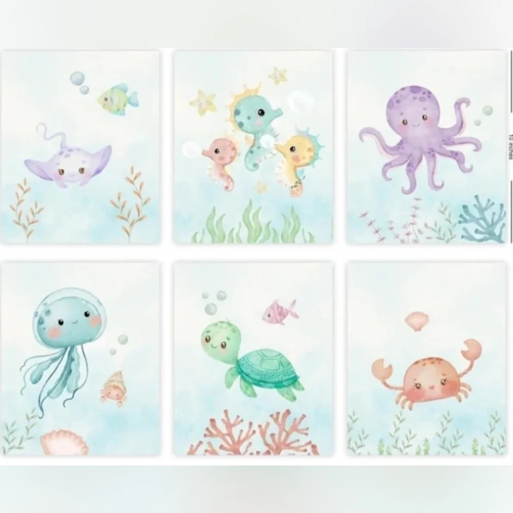 6-Piece Aquatic Sea Animals Prints Pastel Color Art - Marine Life Art - Picture 1 of 11